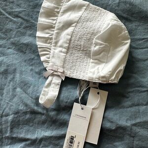 Janie and Jack White Baby Bonnet with Pink Bow
